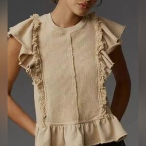 Pilcro Anthropologie Frayed Ribbed Knit Ruffle Peplum Top Boho Flutter Sleeve L